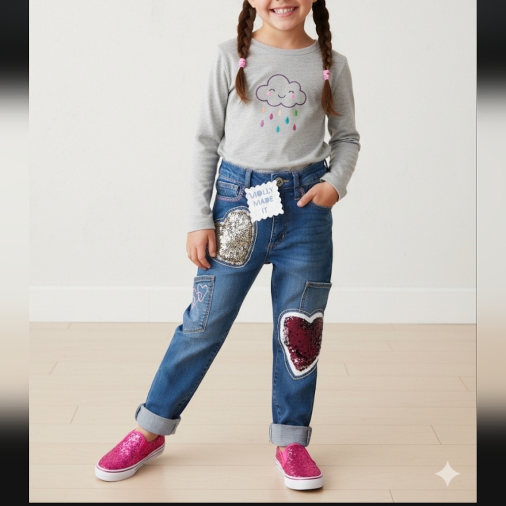 Upcycled GIRLS Denim Jeans Molly Made It From Womans Jeans with Heart Patches